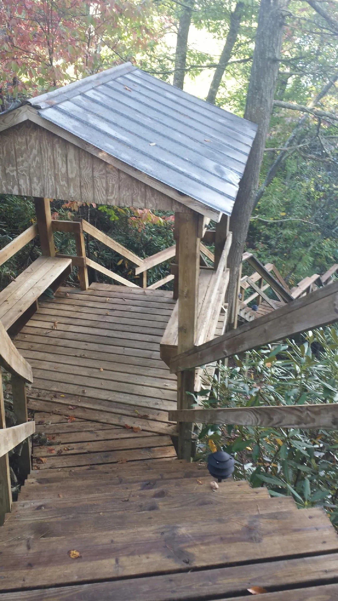 Metal roofed shelter over wooden steps on a wooded walkway — Skylight Repair & Installation work by our crew in Jackpot